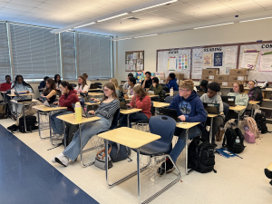 Zachary Welser’s 5th period AP Lang class hard at work. Photo courtesy of Noa Zilber ('27)
